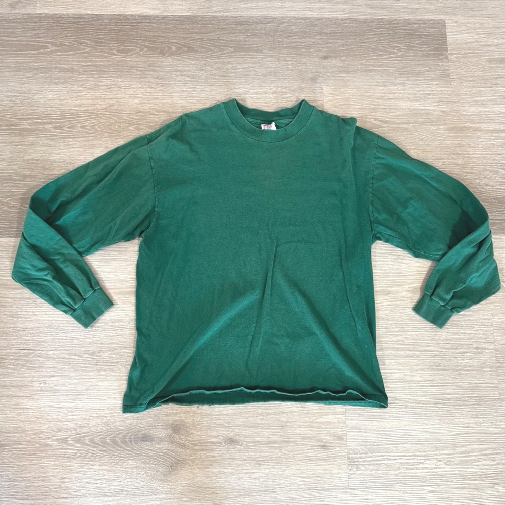 Hanes Beefy-T Shirt Mens XL Green Long Sleeve Crew Neck Cotton Solid Vintage